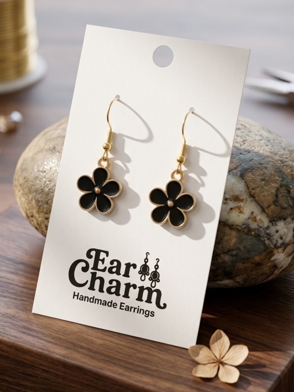 New- Black Enamel Flower Drop Earrings with Gold Accents